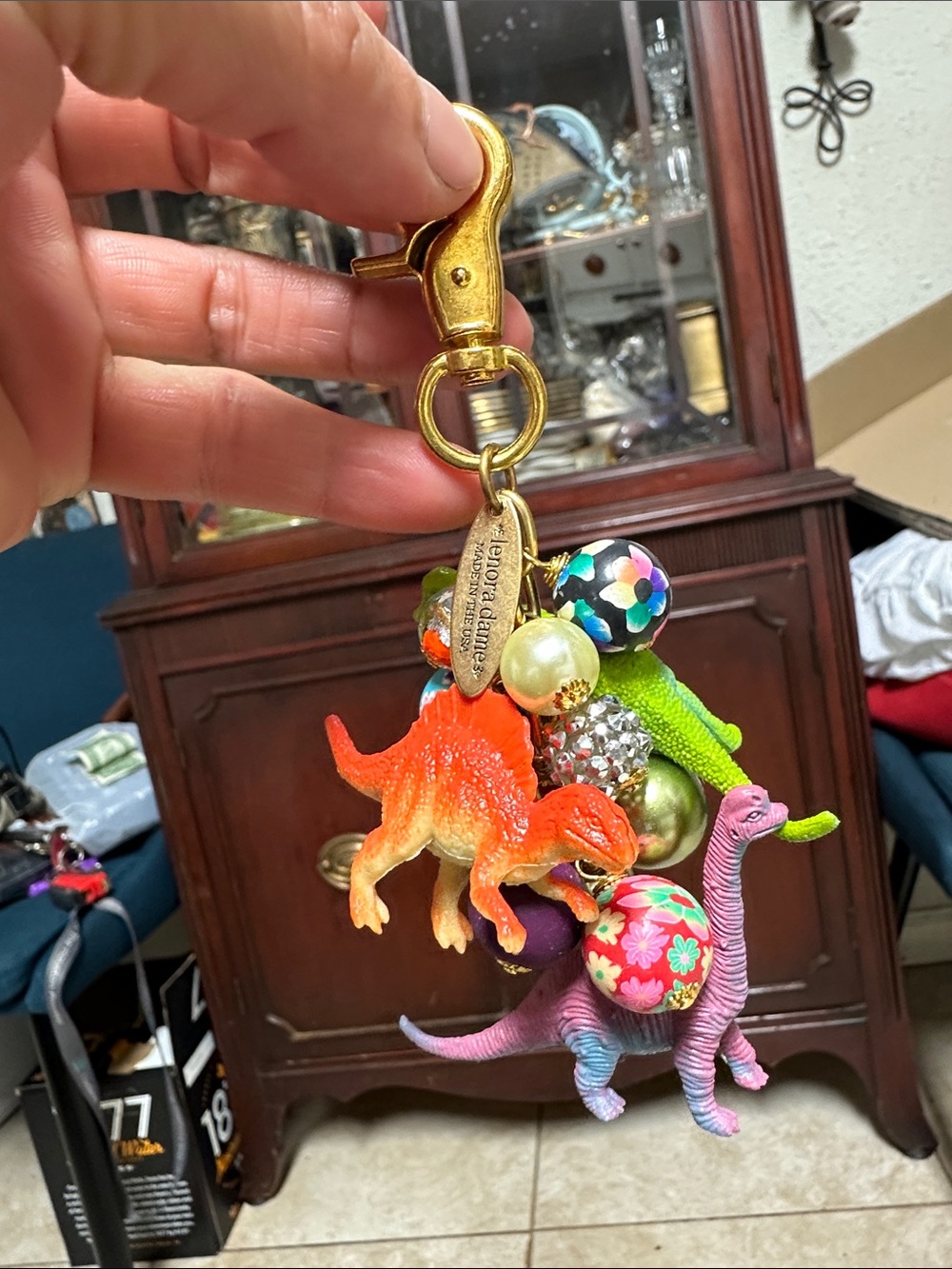 Kids Multicolor Dinosaur Charm Bag Keychain - Gold Clip